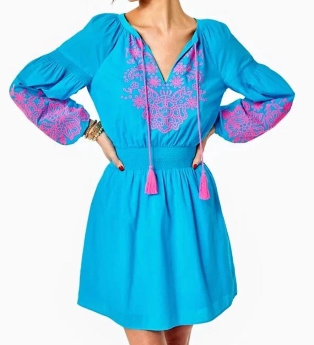 Lilly Pulitzer Analynn Turquoise Oasis Blue Pink Embroidery Tropical Resort Sz S